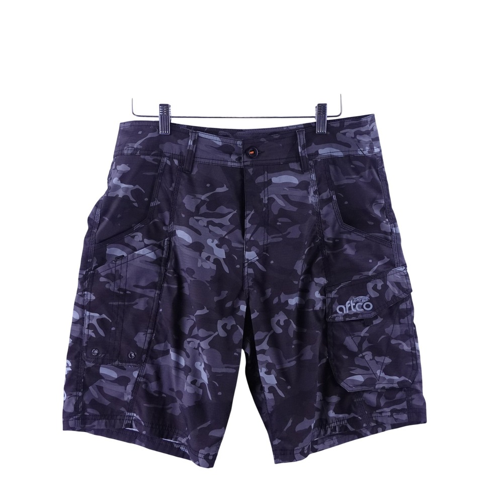 AFTCO Mens Size 34 Gray Camo Cargo Fishing Shorts Ripstop Stretch M62